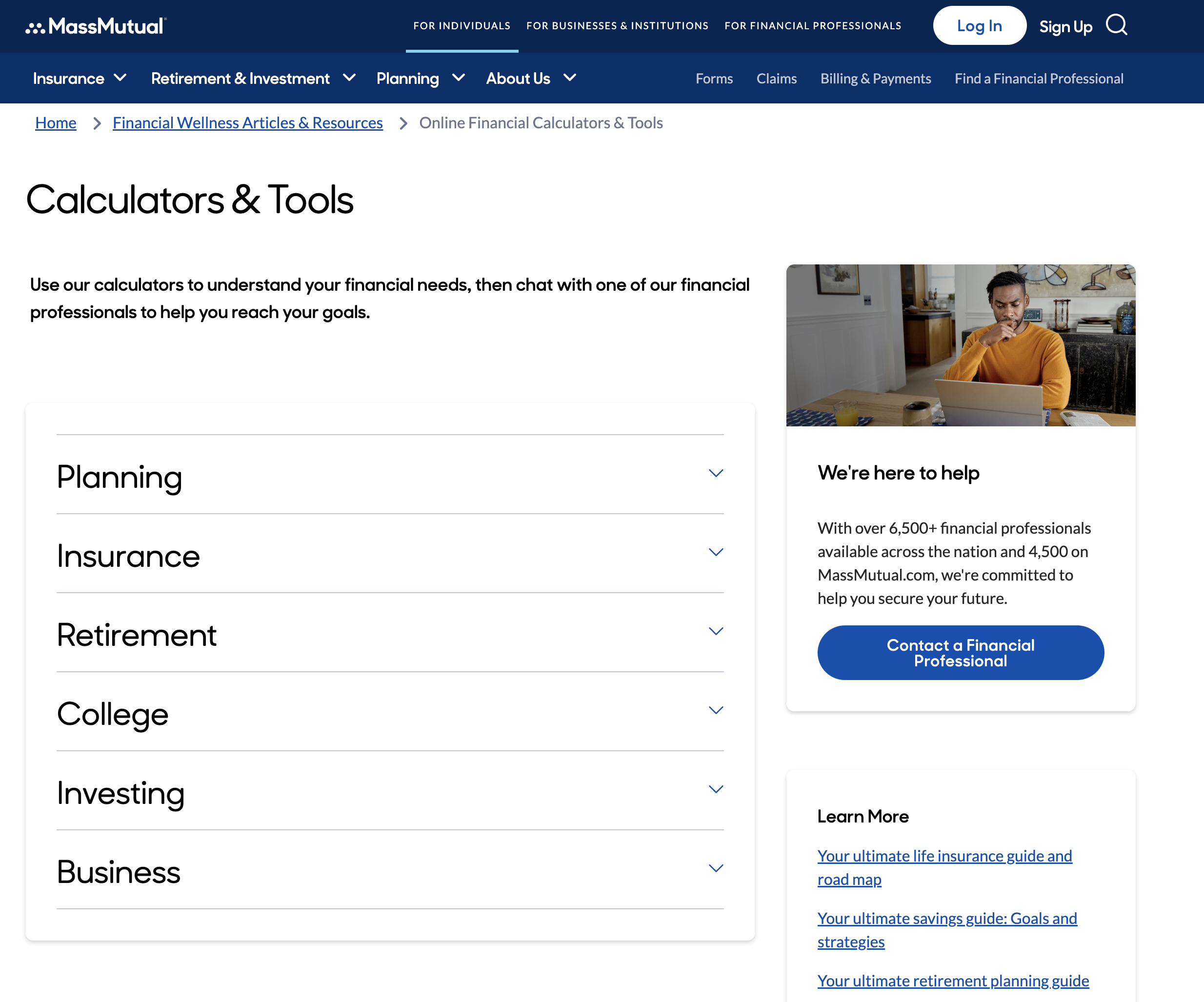 screen shot massmutual financial calculators page